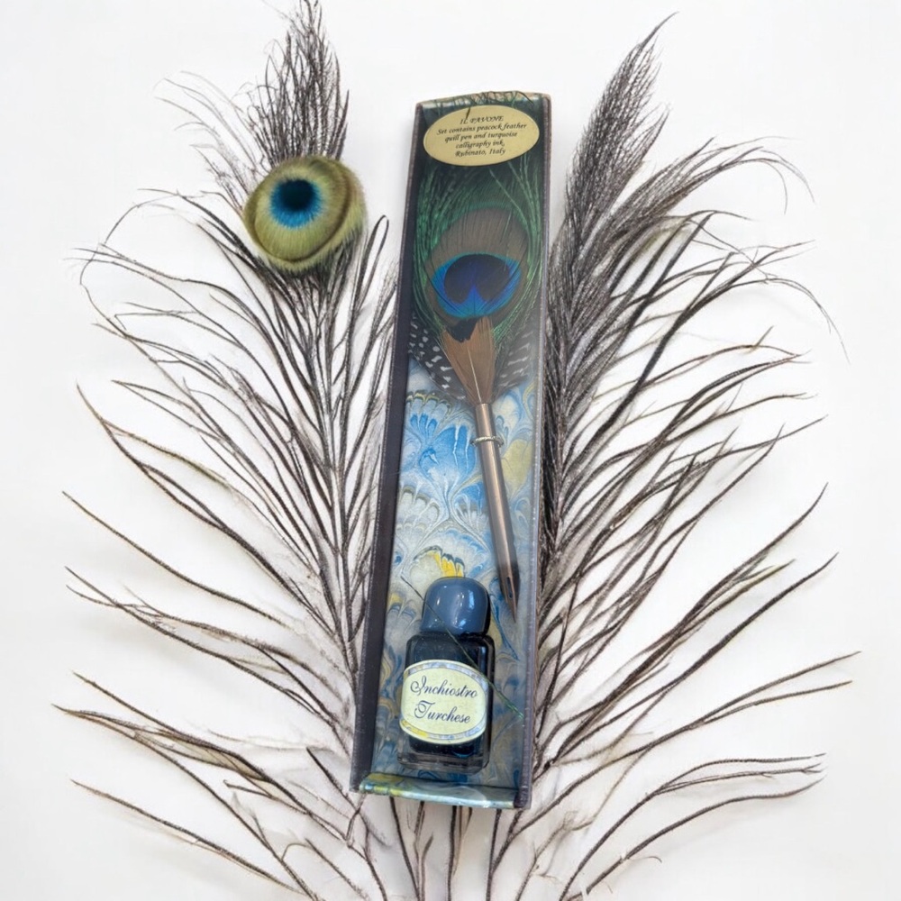 IL PAVONE COLORFUL PEACOCK FEATHER QUILL DIP INK PEN WITH CALLIGRAPHY INK